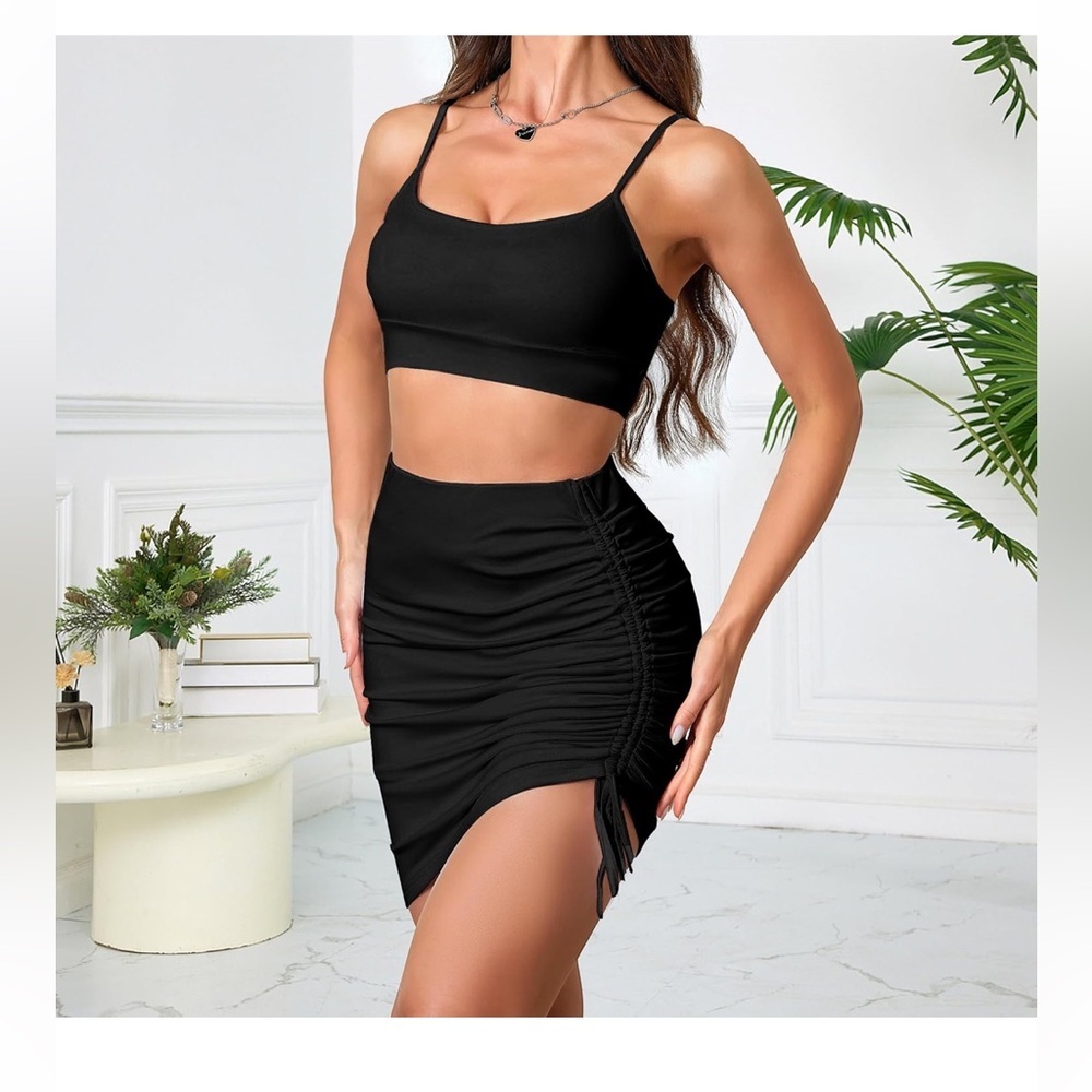 Black Ruched Crop Top & Skirt Set with Adjustable Straps Drawstring Sleeveless